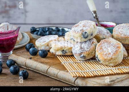 Dolci tradizionali di finocchio gallese con coulis di mirtillo Foto Stock