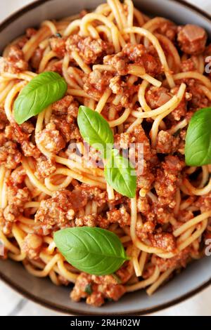 Pomodoro fatto in casa basilico salsiccia Spaghetti in una ciotola, vista dall'alto. Giacitura piana, sovratesta, dall'alto. Primo piano. Foto Stock