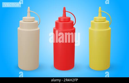 3D render di bottiglie con salse diverse per fast food. Ketchup, senape, maionese. Illustrazione luminosa in cartoon, plastica, stile di argilla 3D. Isolat Illustrazione Vettoriale