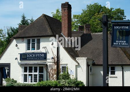 Ascot, Berkshire, Regno Unito. 28th maggio, 2023. La gente del posto è triste che questo fine settimana il Loch Fyne Seafood and Grill Restaurant ad Ascot, Berkshire, che ha aperto nell'agosto 2018, sia stato chiuso definitivamente. Blocchi di cemento sono stati collocati all'ingresso del parcheggio. Anche il ristorante Loch Fyne di Wokingham è stato chiuso alcuni mesi fa. Loch Fyne è di proprietà della catena di pub Greene King. Secondo il loro sito web gli altri ristoranti di Edimburgo, Portsmouth, Woburn e York rimangono aperti. Credit: Maureen McLean/Alamy Live News Foto Stock