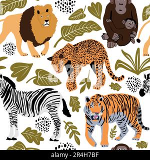 Disegno senza cuciture Vector illustrazione di carini animali selvatici safari africani. Incluso , leone, leopardo, zebra, tigre, scimmia con cucciolo cartone animato divertente Illustrazione Vettoriale