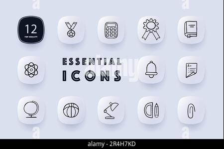 Ricerca scientifica e innovazione Icon Set. Attrezzature di laboratorio, esperimenti. Analisi dei dati. Stile neomorfismo. Icona della linea vettoriale per le aziende e gli annunci Illustrazione Vettoriale