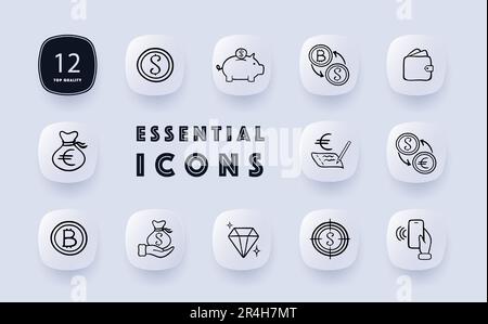 Icone di gestione finanziaria e di investimento. Denaro, budget, risparmio, investimenti. Pianificazione finanziaria. Stile neomorfismo. Icona della linea vettoriale per Busi Illustrazione Vettoriale