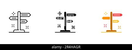 Descrizione: Una serie vettoriale di segnali stradali che indicano indicazioni stradali e destinazioni, comprese frecce, icone e testo. Set vettoriale di icone in linea, Bla Illustrazione Vettoriale