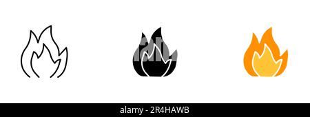Un'illustrazione di fiamme e fumo, che rappresentano un incendio e il suo potere distruttivo. Set vettoriale di icone in stile linea, nero e colorato isolato. Illustrazione Vettoriale