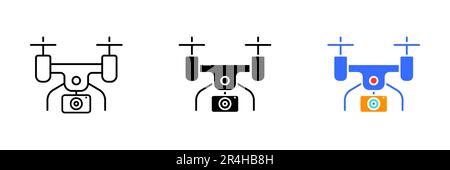 Illustrazione vettoriale di un drone con una telecamera collegata. Set vettoriale di icone in stile linea, nero e colorato isolato. Illustrazione Vettoriale