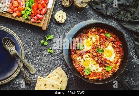 Cibo tradizionale mediorientale; padella Shakshuka servita con pane pita e con verdure fresche tritate. Vista dall'alto con primo piano Foto Stock