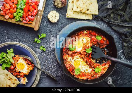 Cibo tradizionale mediorientale; padella Shakshuka servita con pane pita e con verdure fresche tritate. Vista dall'alto con primo piano Foto Stock