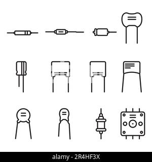 Icone linea nera Capasitors set. Pittogrammi per pagina Web, app mobile, promo. Illustrazione Vettoriale