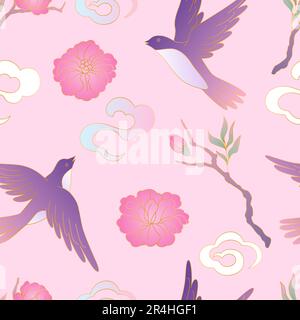 Uccelli orientali e fiori modello. Sfondo tradizionale cinese e giapponese. Illustrazione Vettoriale