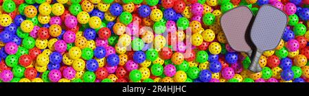 Banner Pickleball. Due racchette si trovano su una grande pila di palle sportive multicolore. Rendering 3D Foto Stock