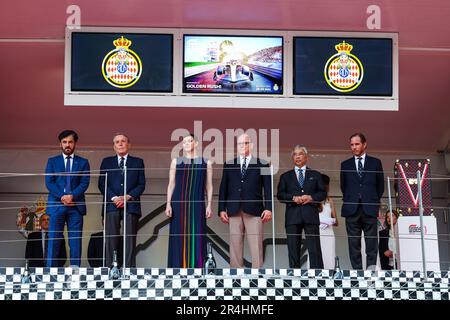 Monaco, Monaco. 28th maggio, 2023. Podio: BEN SULAYEM Mohammed (uae), Presidente della FIA, HSH Principe Alberto II di Monaco, HSH Principessa Charlene di Monaco, nota anche come Charlene Lynette Wittstock, durante il Gran Premio di Formula 1 di Monaco 2023, 6th° round del Campionato del mondo di Formula uno 2023 dal 26 al 28 maggio, 2023 sul circuito di Monaco, a Monaco - Foto Florent Gooden/DPPI Credit: DPPI Media/Alamy Live News Foto Stock