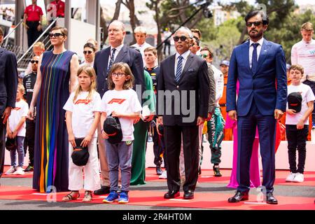 Monaco, Monaco. 28th maggio, 2023. HSH Principessa Charlene di Monaco, nota anche come Charlene Lynette Wittstock, HSH Principe Alberto II di Monaco, al-Sultan Abdullah Ri'ayatuddin al-Mustafa Billah Shah ibni Almarhum Sultan Haji Ahmad Shah al-Musta'in Billah, BEN SULAYEM Mohammed (uae, Presidente del Gran Premio di Formula 1), durante il Gran Premio di Monaco 2023 6th° round del Campionato del mondo di Formula uno 2023 dal 26 al 28 maggio 2023 sul circuito di Monaco, a Monaco - Foto Julien Delfosse/DPPI Credit: DPPI Media/Alamy Live News Foto Stock