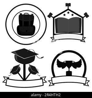 Illustrazione vettoriale di quattro Logo, borsa, libro, cappello Graduation, Trofeo e sfondo di colore bianco. Illustrazione Vettoriale