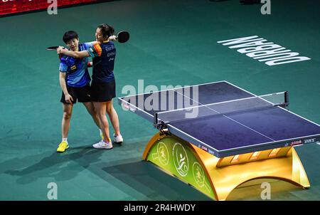 Durban, Sudafrica. 28th maggio, 2023. Sun Yingsha (L) della Cina abbraccia il suo connazionale Chen Meng dopo la finale femminile di single alle finali dei Campionati del mondo di tennis da tavolo ITTF 2023 a Durban, Sudafrica, 28 maggio 2023. Credit: Li Yahui/Xinhua/Alamy Live News Foto Stock