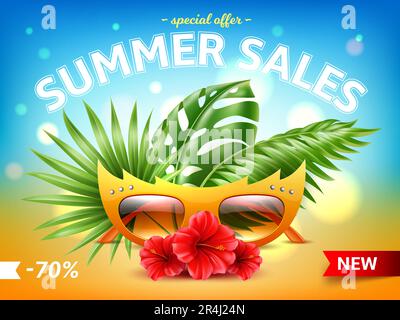 Vendita occhiali da sole poster estate. Occhiali da spiaggia realistici in cornice divertente, foglie di palma, fiori di ibisco luminoso sulla sabbia, banner Web tropicale a 3D elementi Illustrazione Vettoriale