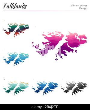 Serie di mappe vettoriali delle Falklands. Design dalle onde vibranti. Mappa luminosa del paese in stile geometrico con curve lisce. Illustrazione Vettoriale