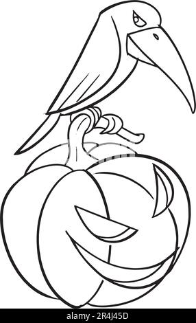 wicked corvo per le pagine da colorare del partito hallowen. Pagina da colorare di Halloween con oggetti spoky, disegnata a mano carino foglio da colorare di Halloween. Stile Doodle. Illustrazione Vettoriale