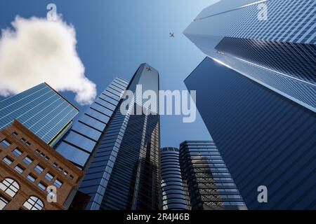 Vista del cielo tra grattacieli nel quartiere finanziario - 3D Illustrazione Foto Stock