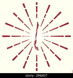 Logo Cile. Poster grunge Sunburst con mappa del paese. Forma del Cile riempita con cifre esadecimali con raggi solari intorno. Illustrazione Vettoriale