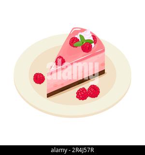 Gustosa cheesecake al lampone sul piatto. Dessert a base di frutta dolce, illustrazione vettoriale. Illustrazione Vettoriale