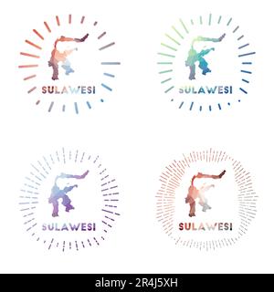 Set Sulawesi low Poly Sunburst. Logo dell'isola in stile poligonale geometrico. Illustrazione vettoriale. Illustrazione Vettoriale