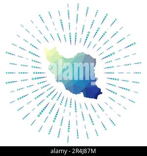 Forma dell'Iran, scoppio solare poligonale. Mappa del paese con raggi stellari colorati. Illustrazione iraniana in digitale, tecnologia, Internet, stile di rete. Illustrazione Vettoriale