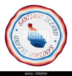 Badge dell'isola di Santiago. Mappa dell'isola con belle onde geometriche e vivace cornice blu rosso. Vivace logo rotondo Santiago. Illustrazione vettoriale. Illustrazione Vettoriale