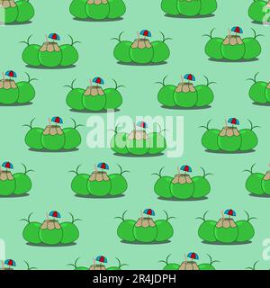 Illustrazione vettoriale di tre modelli di frutta di cocco, tema di tempo di estate e sfondo di colori verdi Illustrazione Vettoriale