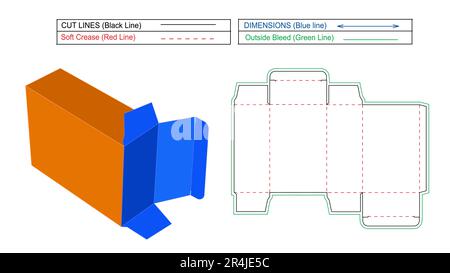 (RTE) scatola di piegatura personalizzata con estremità di trascinamento inversa, rendering 3D e modello linea stampo con ridimensionamento Illustrazione Vettoriale