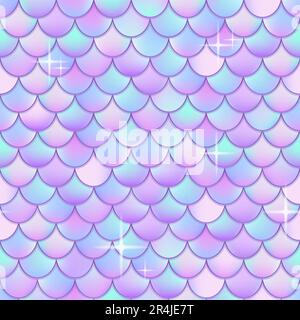 Bilance sirena olografiche. Pesce magico o drago sfondo scala iridescente, colore geometrico senza cuciture motivo racconto animale per stampa tessuto, ingegnoso vettore illustrazione di pelle drago olografica Illustrazione Vettoriale