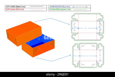 Scatola cartone animato ondulato modello Die line scatola standard modificabile e ridimensionabile con rendering 3D. Illustrazione Vettoriale