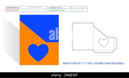 Linea di stampi per tasche o cartelle pronta per pagine da 8,5 x 11 pollici modificabile e ridimensionabile con taglio finestra trasparente a forma di cuore e taglio angolare, rendering 3D. Illustrazione Vettoriale