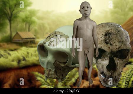 Homo antecessore è una specie estinta di ominidi che ha vissuto tra 1,2 milioni e 800 000 anni fa. Il suo volto era sorprendentemente simile a quello di Homo Foto Stock