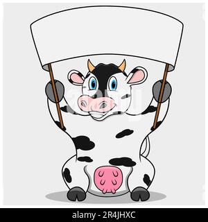 Cow dei personaggi con banner bianco, sfondo bianco, mascotte, icona, carattere o logo, Vettore e illustrazione. Illustrazione Vettoriale