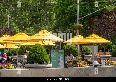 L'area salotto pubblica della Fifth Avenue e della 23rd St. Presenta ombrelloni gialli luminosi per ombra, 2023, New York City, Nomad, Stati Uniti Foto Stock