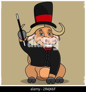 Personaggio Bufallo con Magician Custom, colore marrone chiaro sfondo, mascotte, icona, carattere o logo, vettore e Illustrazione. Illustrazione Vettoriale