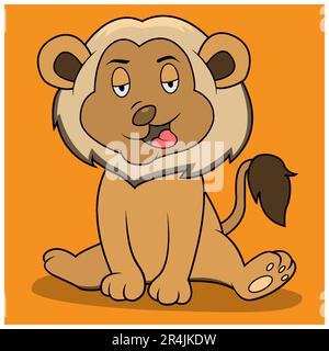 Carattere relax Leone, colori arancio sfondo, Mascotte, icona, carattere o Logo, Vettore e illustrazione. Illustrazione Vettoriale