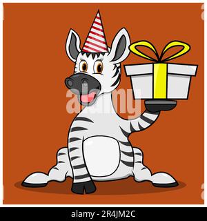 Zebra personaggio con regalo Big White, sfondo marrone, mascotte, icona, personaggio o logo, Vettore e illustrazione. Illustrazione Vettoriale