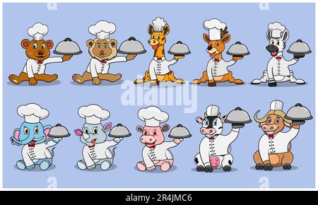 Dieci animali carattere con portare cibo e indossare Chef personalizzato, colori sfondo, mascotte, icona, carattere o logo, Vettore e illustrazione. Illustrazione Vettoriale