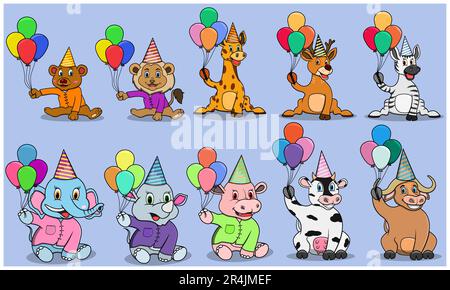 Dieci animali personaggio con bring Balloons per Ready to Party, colori sfondo, mascotte, icona, personaggio o Logo, Vettore e illustrazione. Illustrazione Vettoriale