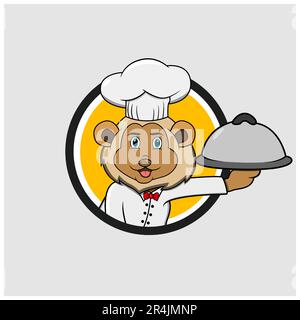 Etichetta cerchio testa leone con chef personalizzato e portare cibo, colori gialli sfondo, mascotte, icona, carattere o logo, Vettore e illustrazione. Illustrazione Vettoriale