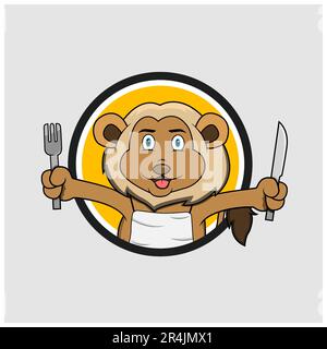 Etichetta circolare testa leone con forchetta e coltello , sfondo giallo, mascotte, icona, carattere o Logo, Vettore e illustrazione. Illustrazione Vettoriale