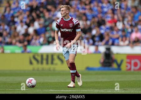 Leicester, Regno Unito. 28th maggio 2023. Flynn Downes of West Ham United durante la partita della Premier League tra Leicester City e West Ham United al King Power Stadium di Leicester domenica 28th maggio 2023. (Foto: James Holyoak | NOTIZIE MI) Credit: NOTIZIE MI & Sport /Alamy Live News Foto Stock