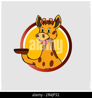 Giraffa testa circolare con espressione del sorriso divertente, sfondo giallo, mascotte, icona, carattere o logo, Vettore e illustrazione. Illustrazione Vettoriale