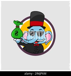 Ricco cartoon Elephant testa etichetta circolare con denaro da portare, colori gialli sfondo, cartoon, mascotte, animali, Carattere, vettore e illustrazione. Illustrazione Vettoriale