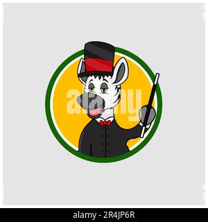 Etichetta Zebra Head Circle con Stick e Magician Custom, colori gialli sfondo, mascotte, icona, carattere o logo, Vettore e illustrazione. Illustrazione Vettoriale