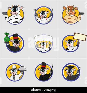 Set di etichette cute Cow Head Circle, colori gialli sfondo, cartoon, mascotte, animali, Carattere, vettore e illustrazione. Illustrazione Vettoriale