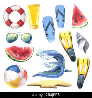 Una collezione di accessori da spiaggia, estate, luminosa, per il relax e l'intrattenimento. Illustrazione acquerello, disegnata a mano. Set di oggetti isolati su un Foto Stock