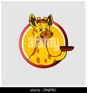 Giraffa Head Circle Label con espressione relax Smile , sfondo giallo, mascotte, icona, carattere o Logo, Vettore e illustrazione. Illustrazione Vettoriale